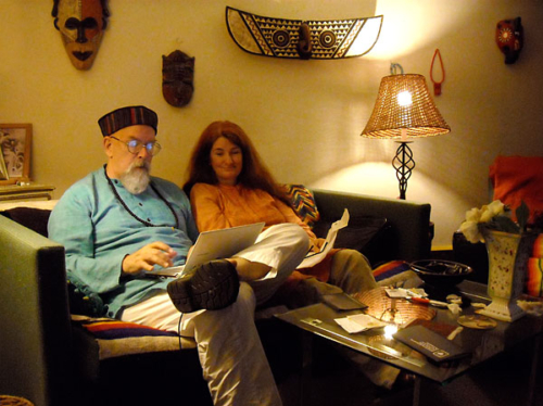 Ganga and Tara working on the multimedia presentation &quot;Secrets of the Siddhas - Health, Longevity and Enlightenment&quot;that they planned to give across America