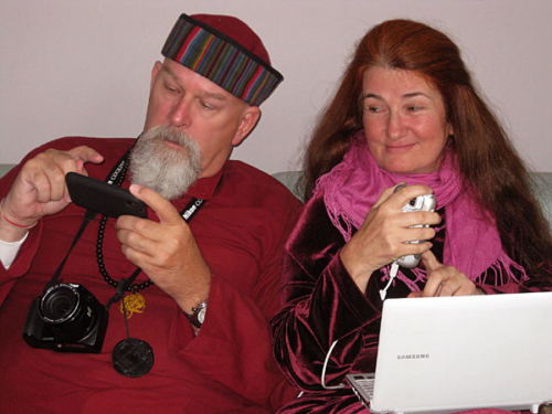 Ganga and Tara working on the multimedia presentation &quot;Secrets of the Siddhas - Health, Longevity and Enlightenment&quot;that they planned to give across America