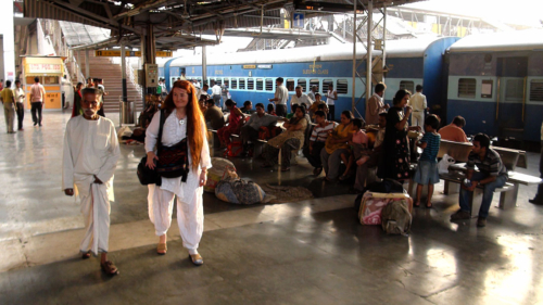 Getting off the train in Delhi.