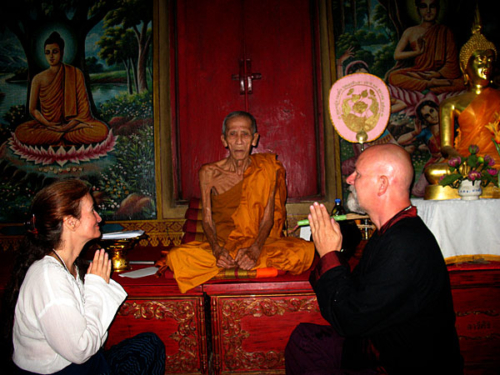 Meditating with a very old and thin monk in Chiang Mai