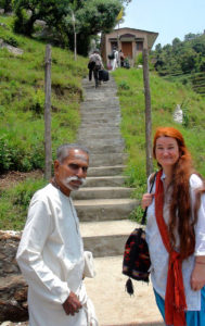 Climbing the stairs to Paramananda Puri Maharaj's cave in the Kumaon Hills