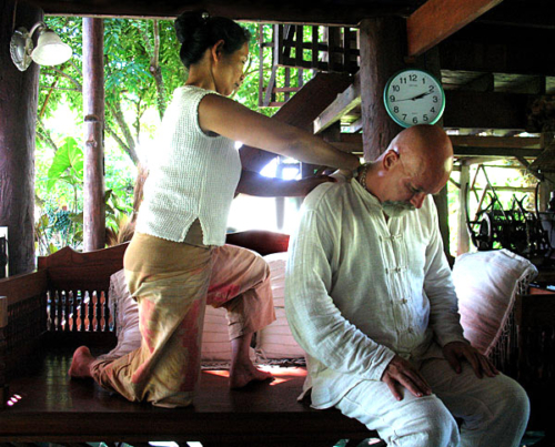 Ganga getting healing massage from Homprang Chaleeka at her Baan Hom Samunphrai Herbal Health Centre &amp; School in Chiang Mai