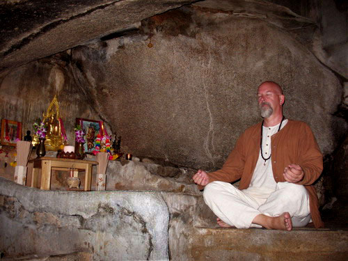 Ganga meditating in the cave at Kamalaya on Koh Samui