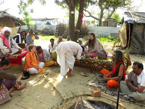 Stopping at a small sadhu camp along the river.