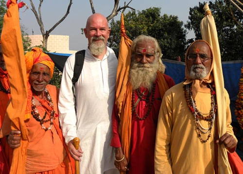 Ganga with 3 sadhus at the Kumbha Mela.