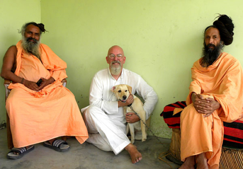 Ganga with 2 Juna Akhara sadhus and their dog at the Kumbha Mela in Haridwar