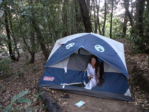 Tara in our tent at Mount Madonna