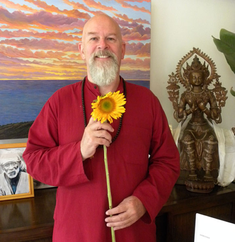 Ganga with Buddha Maitreya after class in Carmel