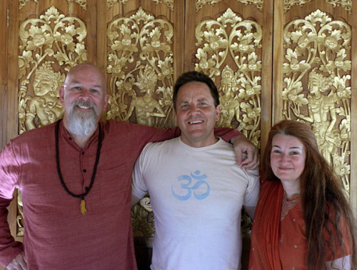 Ganga and Tara with their friend Casey Hughes at the Temple of Joy in Encinitas, California
